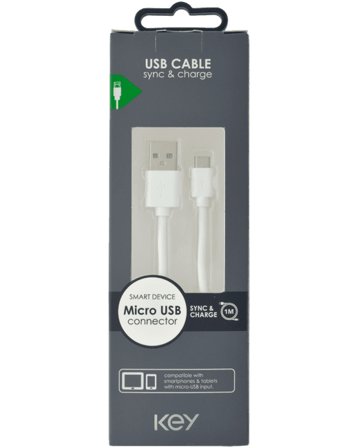 KEY POWER laadimiskaabel USB-A to Micro-USB, valge