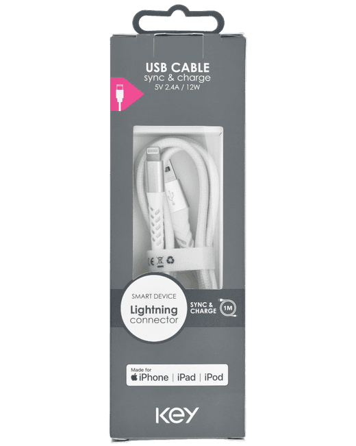 KEY POWER laadimiskaabel USB-A to Ligthning 1m, valge model