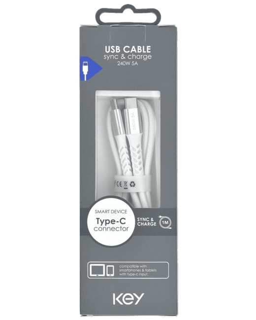 KEY POWER laadimiskaabel USB-C to USB-C, 240W, 1m, valge model