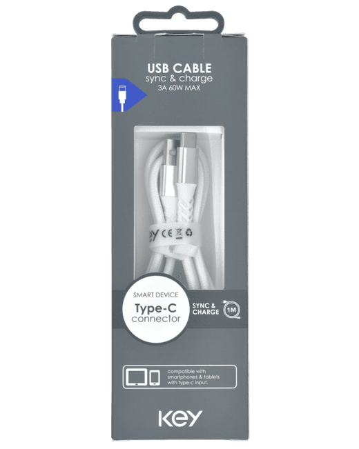 KEY POWER laadimiskaabel USB-A to USB-C, valge model