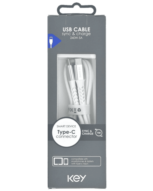 KEY POWER laadimiskaabel USB-C to USB-C, 240W, 1m, valge model