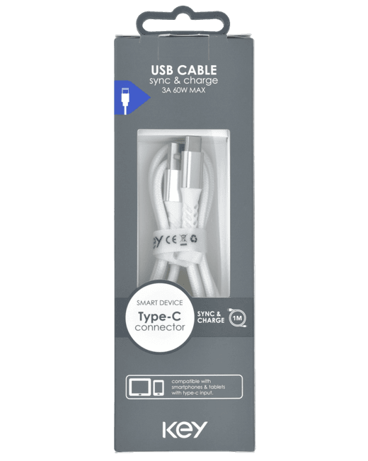 KEY POWER laadimiskaabel USB-A to USB-C, valge model