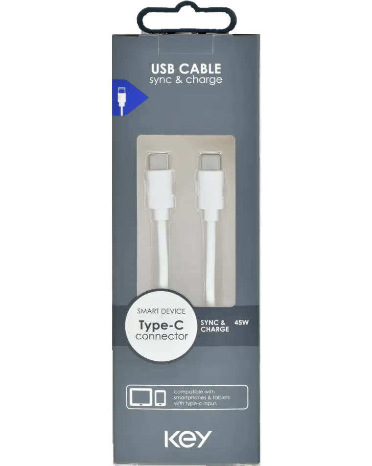 KEY POWER laadimiskaabel USB-C to USB-C 1m, valge