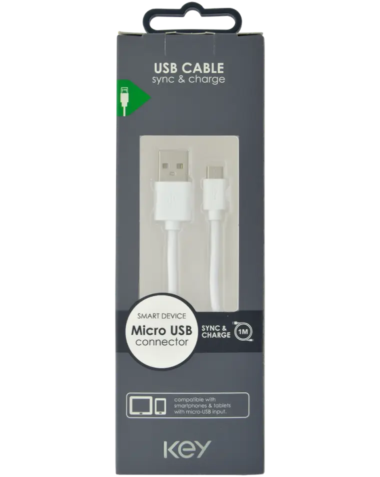 KEY POWER laadimiskaabel USB-A to Micro-USB, valge