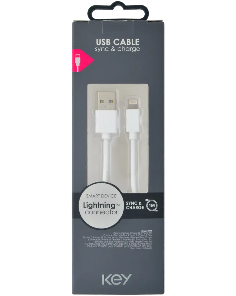 KEY POWER laadimiskaabel USB-A to Ligthning, valge