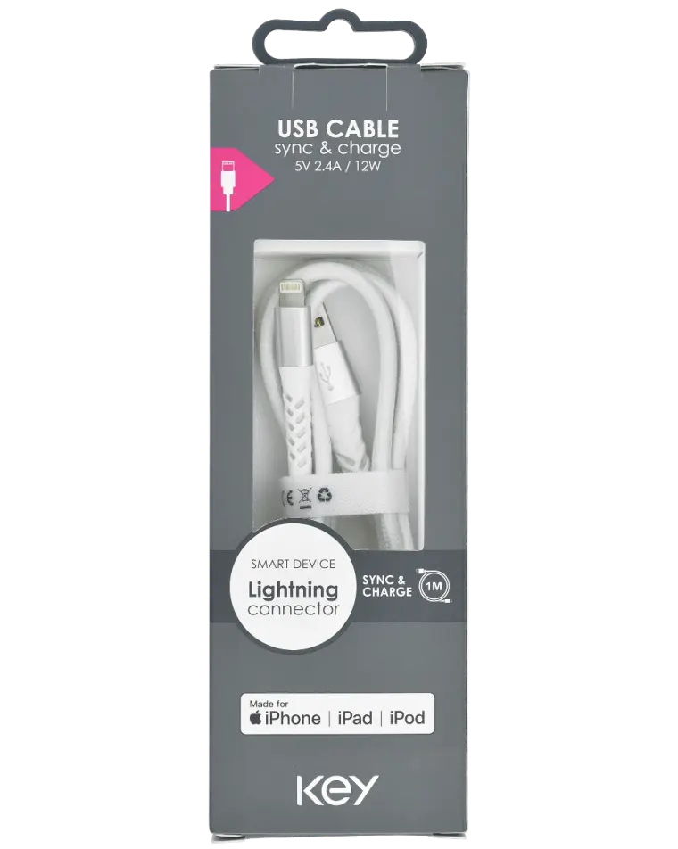 KEY POWER laadimiskaabel USB-A to Ligthning 1m, valge
