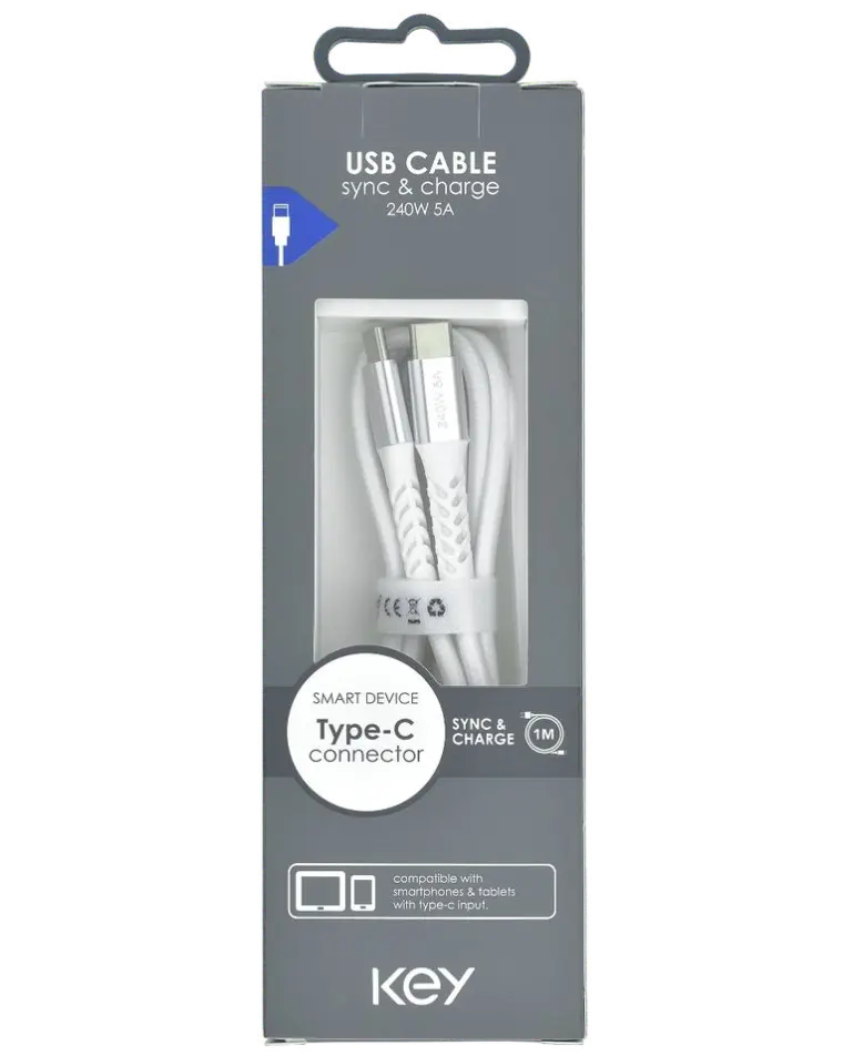 KEY POWER laadimiskaabel USB-C to USB-C, 240W, 1m, valge