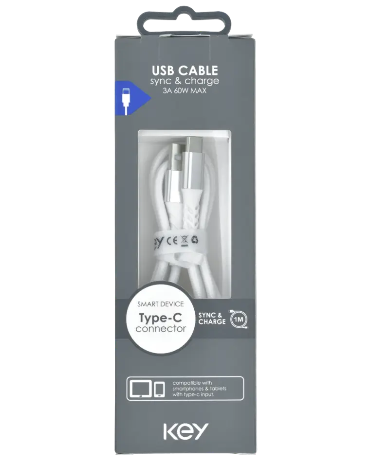KEY POWER laadimiskaabel USB-A to USB-C, valge