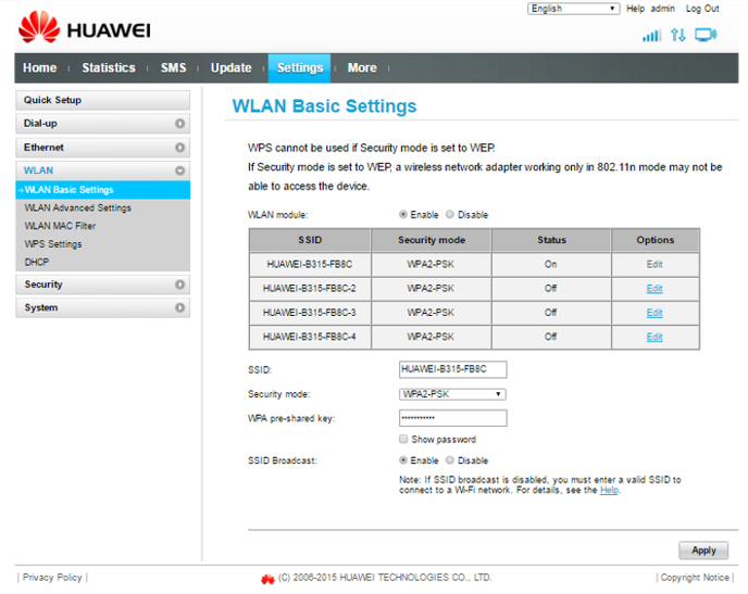 huawei B525 wlan basic settings huawei B525 wlan basic settings